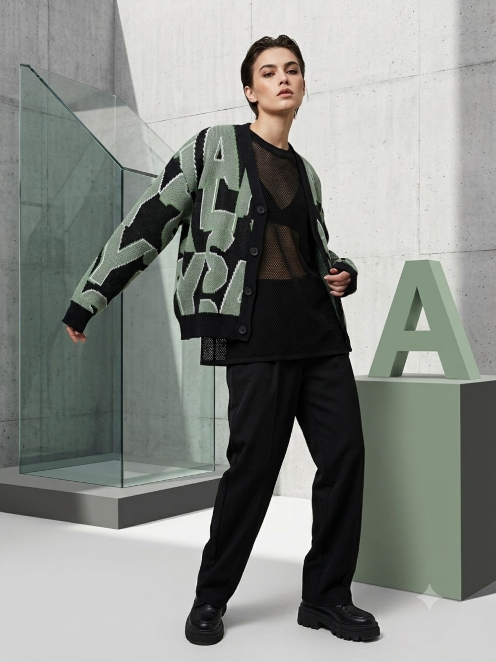 Retro Geometric Letter Print Cardigan Sweater Oversized Green Black V Neck